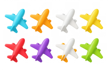 Colorful plastic toy airplanes on white background