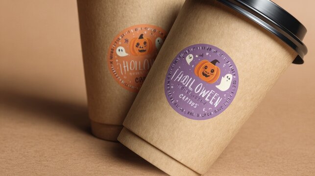 Two Halloween-themed Coffee Cups Featuring Pumpkin and Ghost Designs on Brown Kraft Paper with Colorful Labels Celebrating the Festive Season