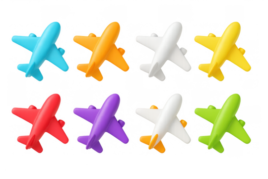 Colorful plastic toy airplanes on white background