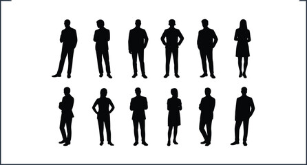 Silhouettes of diverse business professionals in formal attire, vector illustration set, team composition, workplace posture, corporate design elements