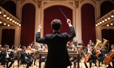 Orchestral conductor leading a large ensemble