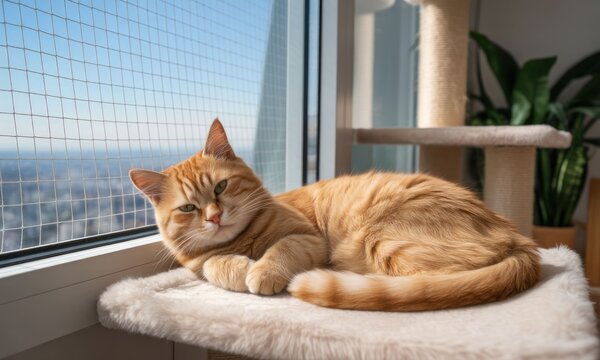 Orange tabby cat relaxes by a window - Powered by Adobe