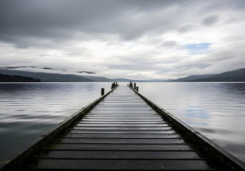 Obraz premium Pier into the Distance - A Serene Lakeside Perspective.