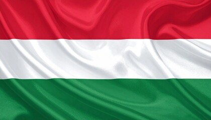 Hungary flag with horizontal red, white, and green stripes—symbolic trio evokes strength, faithfulness, and hope in bold minimalist national identity composition.