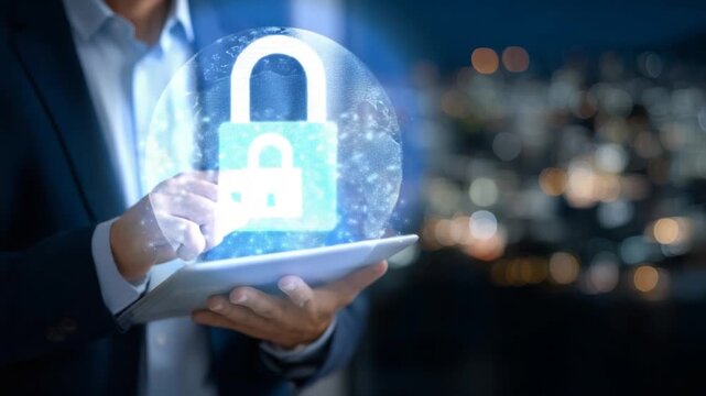 A futuristic executive scene featuring a holographic lock and secure data streams, highlighting advanced digital security in a modern office setting.