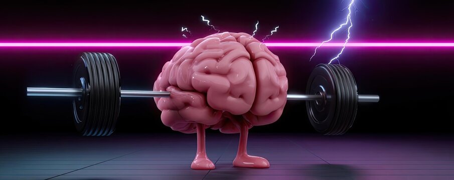Brain character lifting gym weights for strength concept. A creative illustration of a brain lifting weights symbolizing strength.