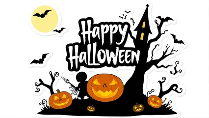 Spooky Halloween night with pumpkins and haunted house