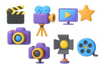3d film and photography icons in vibrant colors for creative projects