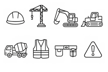 Outline construction icons featuring tools and safety gear in modern design