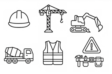 Construction equipment and safety icons in linear style