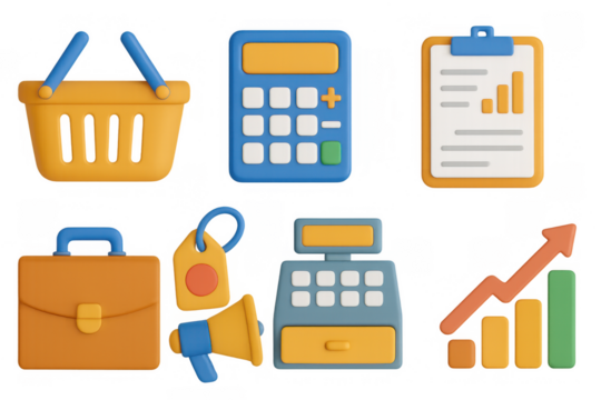 Colorful 3d business icons: calculator chart megaphone graph portfolio