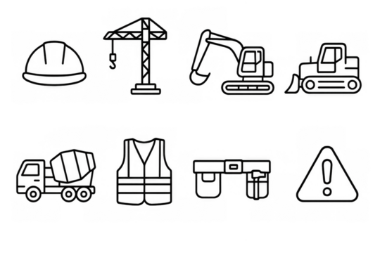 Outline construction icons featuring tools and safety gear in modern design