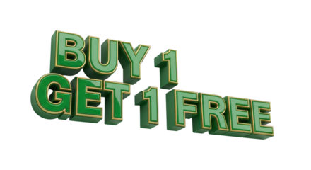 Green 3D Text Graphic "BUY 1 GET 1 FREE" Isolated Promotion Element isolated PNG with Transparent Background