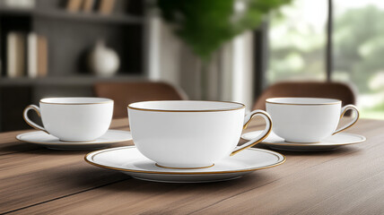 Fototapeta premium White porcelain tea cup gold rim saucer wooden table elegant luxury set modern