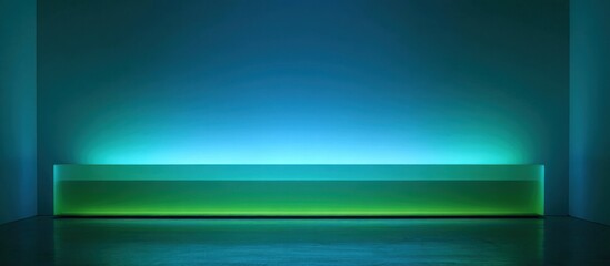 Illuminated platform against a gradient blue wall in a corner