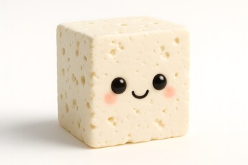 Cheerful cheese cube character with rosy cheeks and smile perfect for kids and healthy lifestyle concepts