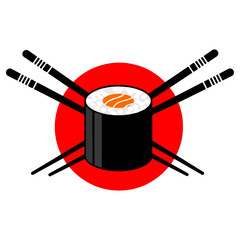 Sushi roll with chopsticks and red circle background.