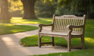 Park bench bathed in golden sunlight