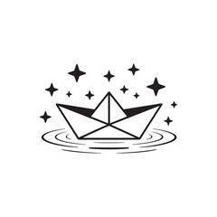 Paper Boat on Water with Stars Illustration Simple Nautical Scene