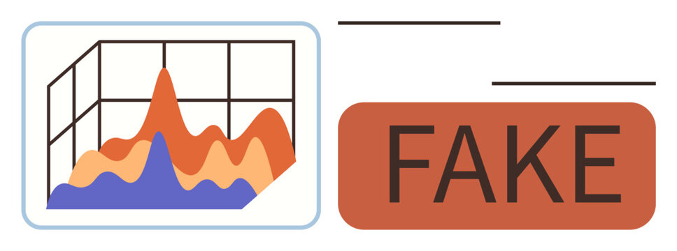 Chart with multilayered peaks next to bold FAKE label representing fake data, analytics error, or misinformation. Ideal for data integrity, science, misinformation, analytics, technology, education