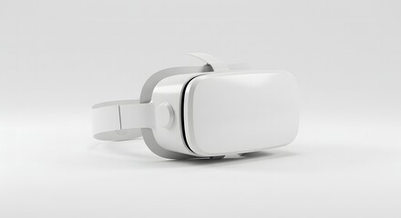 A sleek white virtual reality headset with a minimalist design, resting on a clean white background.