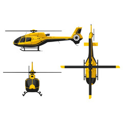 Yellow helicopter in three different views, side, front, and top. © Basecamp
