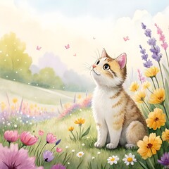 A kitten sitting in a field of flowers, watercolor drawing
