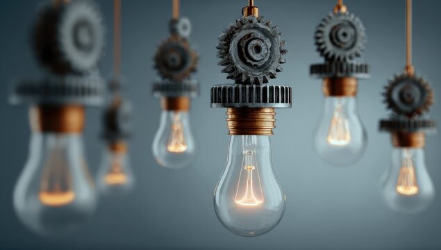 Innovative Ideas, Gears and Light Bulbs, Creative Solutions, Technological Advancements, Illuminating Concepts.