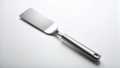 Stainless steel spatula on white surface&mdash;flat blade, rounded corners, and sleek handle evoke precision, utility, and symbolic transformation in minimalist culinary composition.