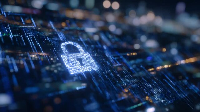 A cutting-edge server rack featuring a holographic neon padlock and matrix-like data streams, showcasing advanced cybersecurity technology.