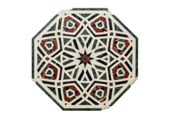 An overhead shot of an ancient mosaic tile with an intricate geometric pattern, isolated on transparent background, showcasing its historical artistry