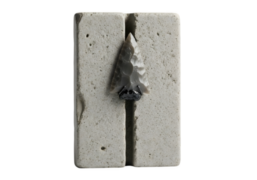 A closeup of a prehistoric arrowhead embedded in a stone block, isolated on transparent background, revealing the craftsmanship of ancient toolmaking