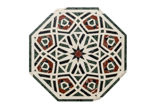 An overhead shot of an ancient mosaic tile with an intricate geometric pattern, isolated on transparent background, showcasing its historical artistry