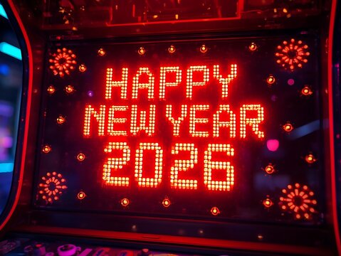 Bright red neon sign wishes happy new year 2026
