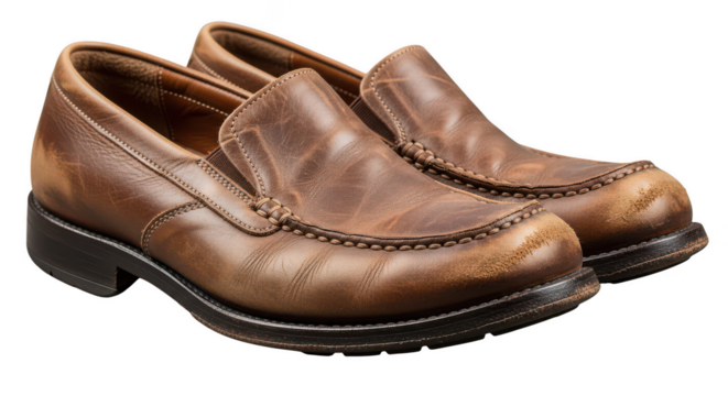 Brown leather loafer shoes on transparent background