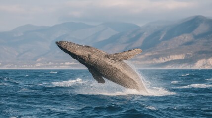 Fototapeta premium Humpback whale breaching the water surface in the ocean, near a mountain range