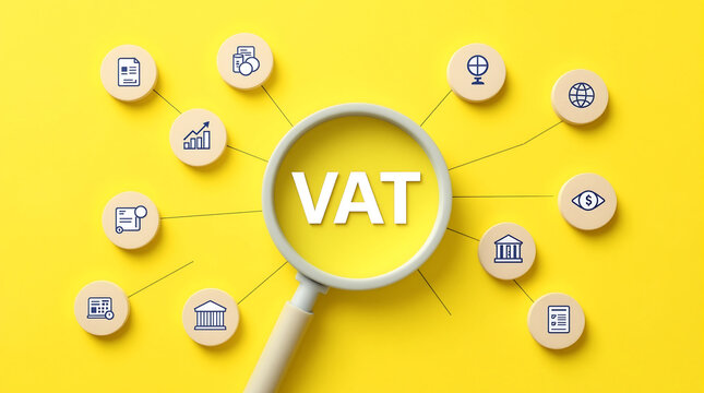 Understanding vat value added tax concept with magnifying glass and business icons on yellow background - Powered by Adobe