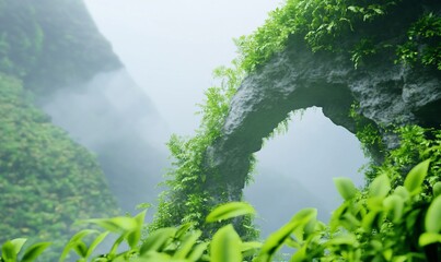 Lush Greenery Frames Misty Mountain Archway