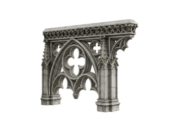 Ornate gothic stone carving isolated on transparent background, showcasing intricate architectural details and historical design elements in a decorative style