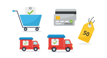 A collection of flat design icons representing e-commerce and delivery services, including a shopping cart, credit card, delivery trucks, and a price tag.