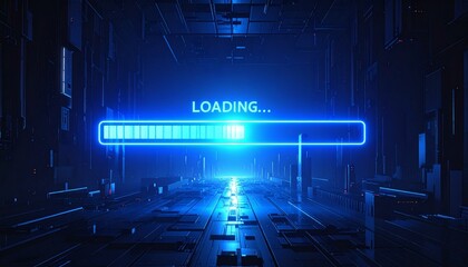 Futuristic loading screen with glowing blue progress bar and “Loading...” text—dark tech environment and near-completion evoke anticipation, system readiness, and symbolic transition.