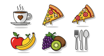 Collection of various food and drink illustrations, including coffee, pizza, and fruits.