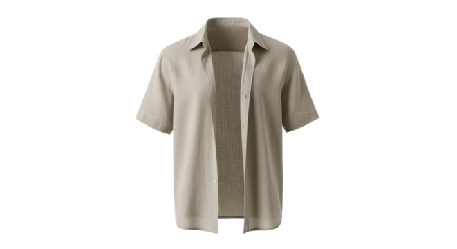 Open beige short sleeve collared shirt isolated PNG with Transparent Background