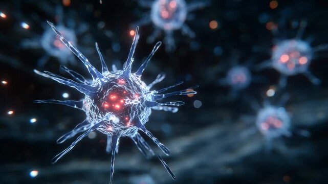 Explore a detailed 3D microscopic view of spherical B cells and spiky T cells with light refracting through the cytoplasm.
