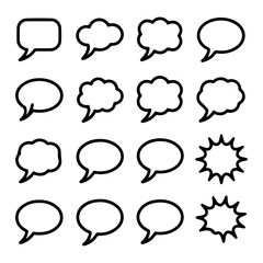 Fototapeta premium Speech and Thought Bubble Icon Set 16 White Vector Designs with Black Outlines on Blue Background for Comics and Communication Themes