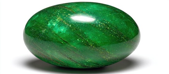 Polished dark green stone with golden threads on white, casting a shadow