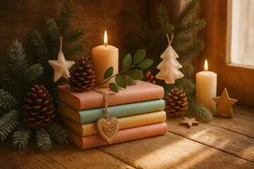 christmas still life with candle. Rustic Christmas Scene with Pinecones and Handmade Decor