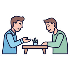 Two men talking at a table with a plant.