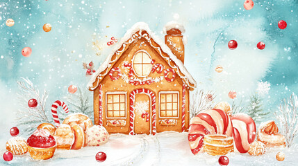 Whimsical Watercolor Gingerbread House with Festive Sweets and Winter Accents