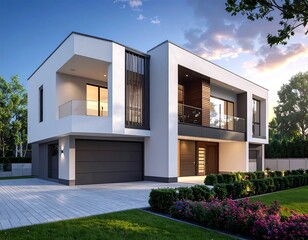 Modern two-story house exterior at sunset